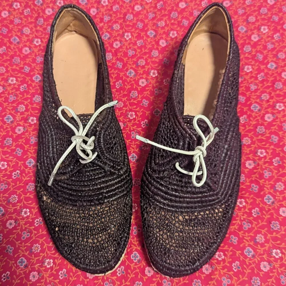 Robert Clergerie Lisa Platform Raffia‎ Shoe Black Sneaker Derby Size 37.5 Boho